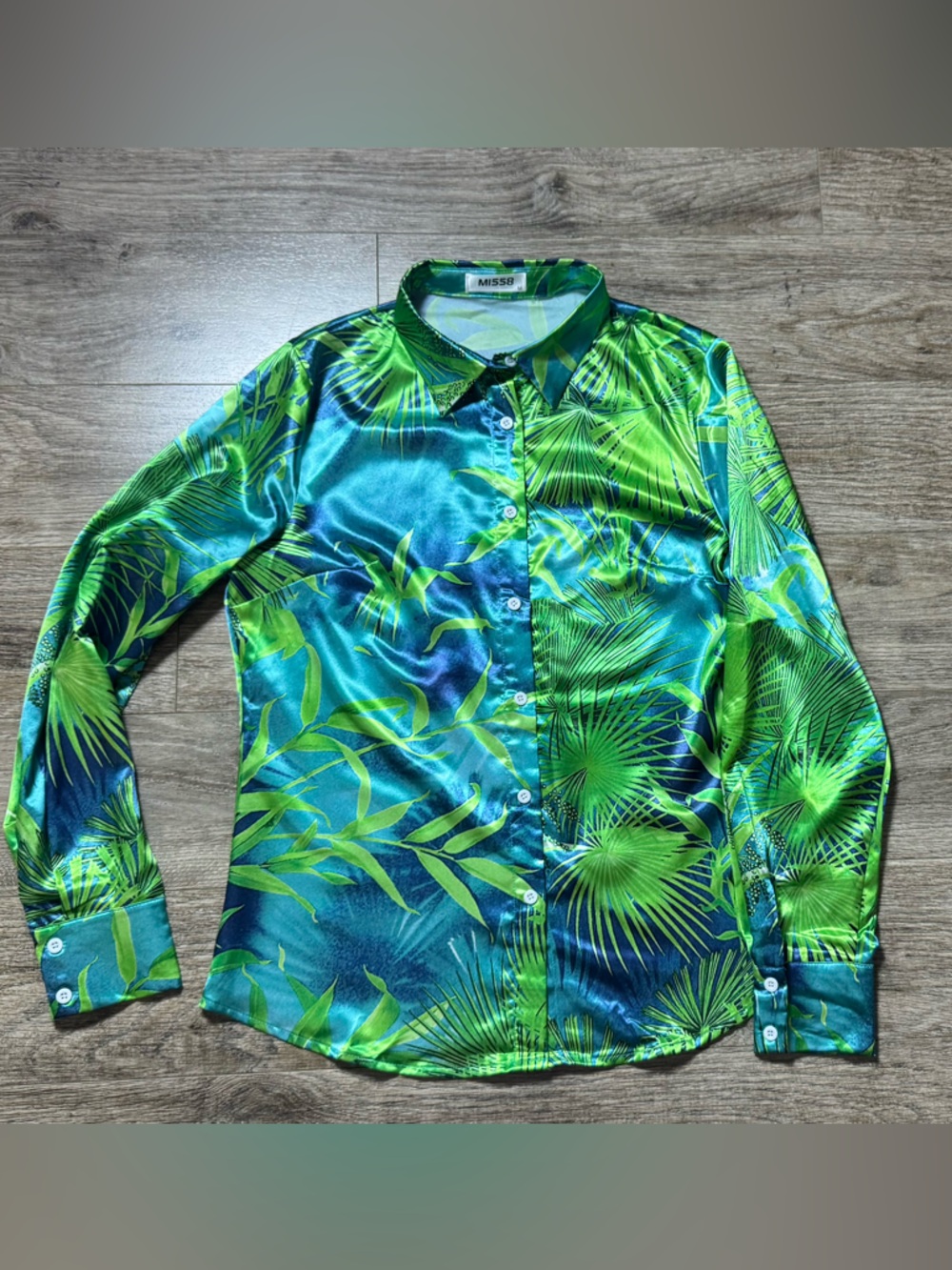 Miss Sixty Green and Teal Tropical Satin Button-Front Blouse